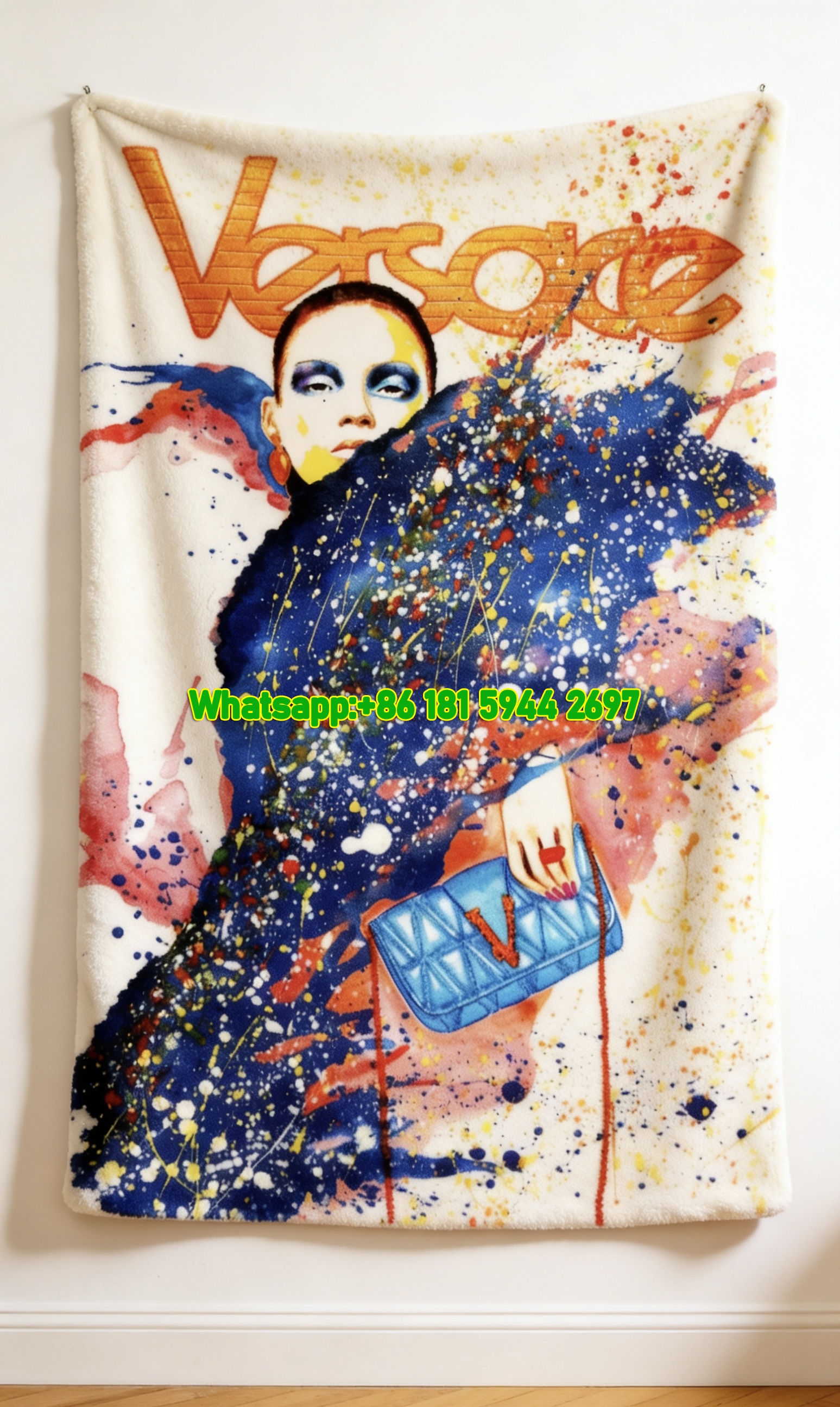 Versace Blue Red Gold Fashion Art Print Flannel Sofa Throw Blanket IMG_1752